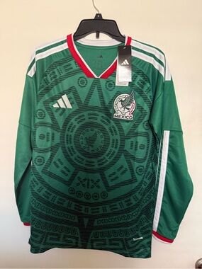 NWT Adidas Green Mexico Aztec-Pattern Soccer Jersey with Red & White Trim.
